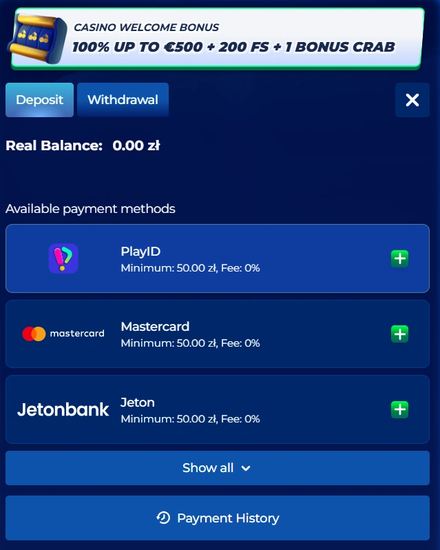 Sekcja platnośći kasyna Basbet